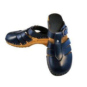 Troentorp Swedish Leather Clogs Navy Cut-Out Wood Sole Sandals Size 36